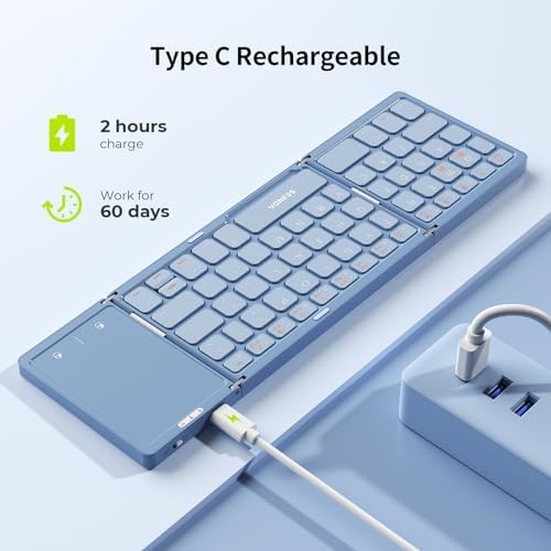 Portable Tri-Fold Bluetooth Keyboard with Touchpad – Rechargeable Multi-Device Wireless Companion for Laptops, i Pads, and Smartphones – Perfect Travel Accessory for Windows, i OS & Android Users – Enhance Your On-the-Go Productivity