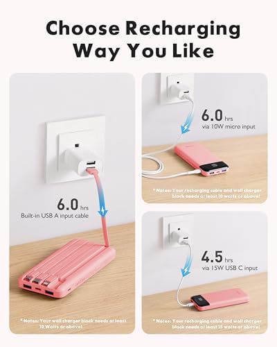 Ultra-Slim 10,000 m Ah Portable Power Bank with Built-In Charging Cables – 6 Outputs, 3 Inputs, Fast 3 A Charging for Universal Device Compatibility – Essential Travel Battery Pack for i Phone, Samsung, Google Pixel, LG, and More