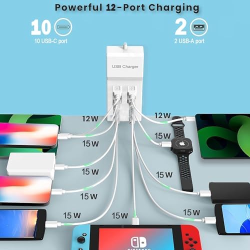 Ultimate 12-Port USB C Charging Station – 60 W Multi-Device Power Hub with 10 USB-C and 2 USB-A Ports for Fast Charging of i Phone, i Pad, Samsung, Google Pixel, Smartwatches, and Headphones – Compact Design for Home, Office, or Travel – Smart Technology for Optimal Power Delivery and Enhanced Compatibility