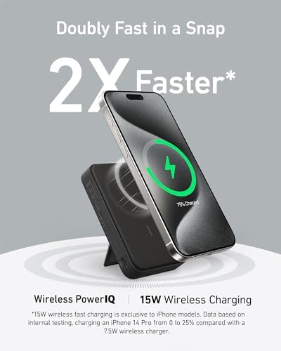 Anker Mag Go Power Bank for i Phone 15/14/13 – 10,000 m Ah Qi2 Certified Ultra-Fast Wireless Charger with Smart Display & Foldable Stand – Compact Portable USB-C Battery Pack for Effortless Charging on the Go