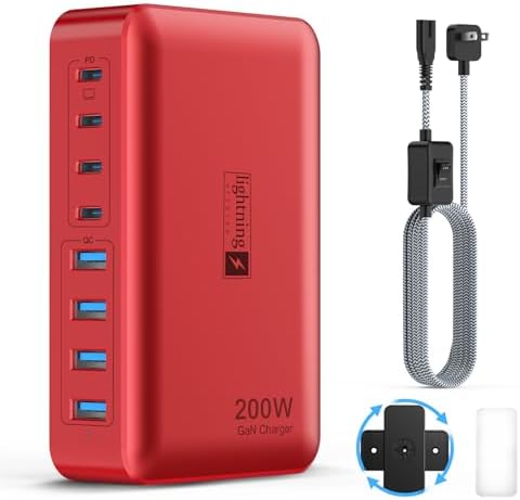Transform Your Charging Routine with the 200 W 8-Port Fast Charging Hub – Multi-Device USB Station Featuring 65 W Laptop Adapter, Space-Saving Flat Plug, Durable Braided Cable, and User-Friendly On/Off Power Control for Optimal Performance and Safety