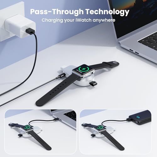 Ultra-Compact Magnetic Wireless Charger for Apple Watch & i Phone – 1600 m Ah Keychain Emergency Power Bank for Seamless Charging on the Go – Compatible with i Watch 9/8/Ultra/7/6/SE/5/4/3 & i Phone 5-14 Series (Sleek Black) – Ideal for Travelers and Professionals