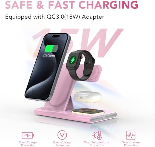 Ultra-Convenient 3-in-1 Foldable Wireless Charging Dock for Apple Devices – Rapid Power-Up Station for i Phone 16/15/14/13/12/11/X/XS, Apple Watch Series 10/9/8/7/Ultra2/Ultra/SE, and Air Pods Pro/2/3/4 – Lightweight Travel Charger with Integrated LED Light for Enhanced Portability and Efficiency