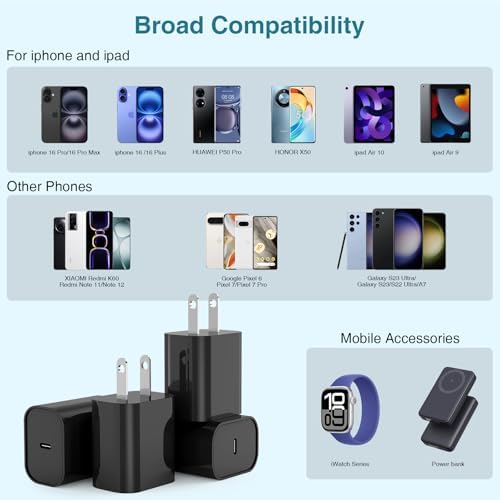 Ultra-Fast 20 W USB C Charger Block – 4 Pack for i Phone 16/15 & Multi-Device Compatibility – Compact Power Adapter for Apple, Samsung, Google – Essential Travel Charging Solution with Enhanced Durability and Safety Features