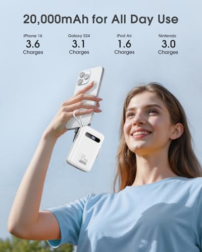 Ultimate 20,000 m Ah Energy QC Power Bank: 35 W PD 3.0 & QC 4.0 Ultra-Fast Charging Portable Charger with Dual Built-In Lightning & USB-C Cables for i Phone 16/15/14, Galaxy S24, i Pad, Air Pods – All-Day Power & 4-Device Charging with Smart LED Display for Travel & Emergencies