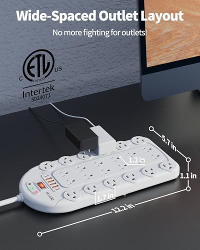Ultimate Power Strip with 24 AC Outlets and 6 USB Ports, Including 2 High-Speed USB-C Ports, 3400 Joules Surge Protection, 10 Ft Heavy-Duty Flat Plug Extension Cord, Wall Mountable Design for Home and Office Use, ETL Listed for Safety Compliance