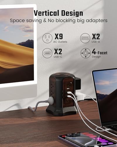 Maximize Your Charging Efficiency with the SUPERDANNY Power Strip Tower Surge Protector – 9 Outlets & 4 USB Ports, 10 Ft Extension Cord, 1080 Joules Surge Protection, Grounded Safety Design for Home and Office Use – Stylish Black Desktop Charging Station for Clutter-Free Solutions