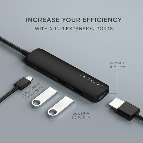 Satechi 4-in-1 USB-C Hub Multiport Adapter – Enhance Your Connectivity with 4 K HDMI Output, Dual USB 3.0 Ports, and a Sleek Black Design for Mac Book & Chromebook Users – Perfect for Remote Work and Media Streaming
