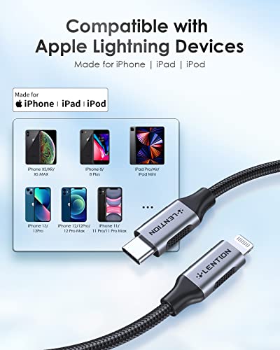LENTION MFi Certified USB C to Lightning Charging Cable – 3.3 ft Durable Nylon Braided Fast Charger for i Phone 13/12/11/Pro/Max/X/XR/SE/i Pad Air/Pro/Mini – Enhanced Power Delivery & Stylish Space Gray Design for Ultimate Compatibility