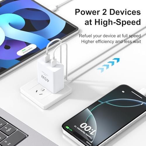 45 W Dual USB-C Fast Charger with 10 FT Cable for i Phone 16 & Galaxy S25 – Rapid Charging Solution for i Pad Pro/Air, Compact & Portable Power Block, Enhanced Device Compatibility