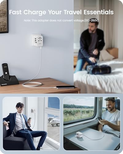 85 W Universal Travel Power Adapter with Retractable USB-C Cable – Optimal Fast Charging Hub for Global Use, Featuring 4 Ports for Seamless Connectivity in US, EU, UK & Beyond, Engineered for On-the-Go Professionals Seeking Efficiency and Versatility