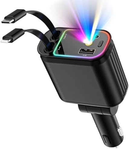 Starlight Enhanced 66 W USB-C Fast Car Charger – 4-in-1 Retractable Adapter with Dual USB Ports for i Phone 16/15/14/13/12/11 & Android Devices – Ultimate Convenience for On-the-Go Charging in Sleek Black Finish