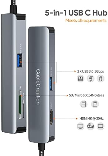 Sleek 5-in-1 USB C Hub Multiport Adapter – Aluminum 4 K HDMI, 1 Gbps Ethernet & 3 USB 3.0 Ports for Enhanced Connectivity on Mac Book Pro/Air, i Pad Pro & Surface Go – Ultimate Solution for Fast Data Transfer & Seamless Streaming