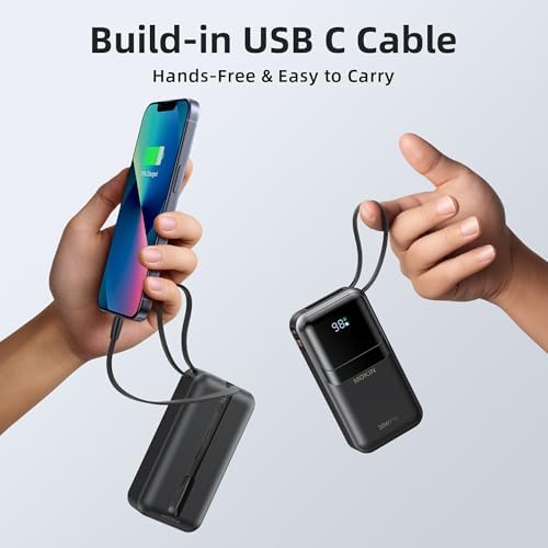 MOKi N 10,000 m Ah Ultra-Fast Portable Charger with Built-in Cables & Smart Digital Display – 30 W PD Power Bank for i Phone 16/15/14/13, Samsung Galaxy S23/S22/S21, Google Pixel – Compact Travel-Friendly Battery Pack with Safety Features & Multiple Charging Ports – Lightweight & Airline-Approved for On-the-Go Convenience