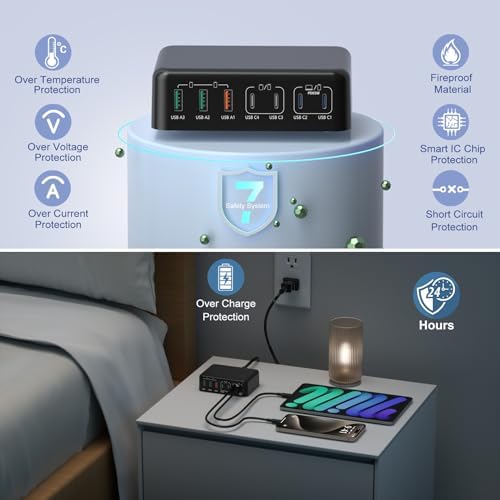 Bangfun 180 W USB C Charging Hub – 7-Port Fast Charging Station for i Phone, i Pad, Samsung – Multi-Device Power Adapter with Smart Technology for Rapid & Efficient Charging – Compact Black Design for Home & Office Use