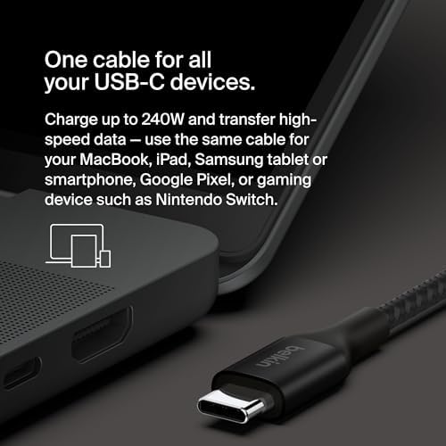 Belkin 6.6 ft USB C to USB C Charging Cable – 240 W Type-C Fast Charger for i Phone 16, Galaxy S25, Pixel 9, Mac Book, i Pad Pro, Chromebook, and Switch Steam Deck – Durable, High-Speed Connection for Enhanced Device Performance – Sleek Black Finish