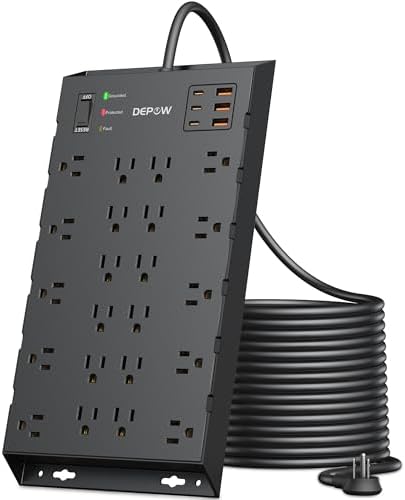 Ultra-Safe Surge Protector Power Strip with 22 Outlets, 6 USB Ports (3 USB-C) and 6.5 FT Flat Plug Cord – 2100 J Protection for Home, Office & Gaming – Wall Mountable, Enhanced Power Management Solution in Sleek Black