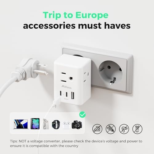 Universal European Travel Power Adapter with Dual USB-C Charging Ports – 3 Outlet Type E/F Plug for Effortless Device Connectivity in France, Portugal, Germany, and Beyond – Essential Travel Companion for Seamless Power and Fast Charging on Your European Adventures
