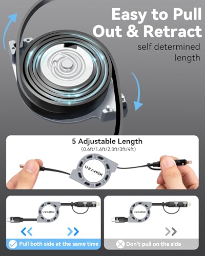 Dual-Purpose 60 W Fast-Charging Retractable USB-C to Lightning/Type-C Cable Set – 4 ft Length, 2-Pack for i Phone 13/14/15/16 Pro Max, i Pads & Samsung Devices – Ultimate Convenience and Durability for Everyday Use