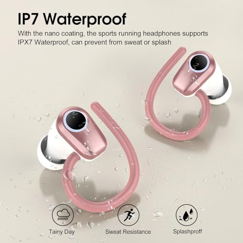 Poounur Bluetooth 5.3 Wireless Sport Earbuds – 50 Hours Playtime, IP7 Waterproof, Noise-Cancelling Headphones with Earhooks and Dual LED Display for Ultimate Comfort and Sound Quality – Perfect for Active Lifestyles and Outdoor Adventures