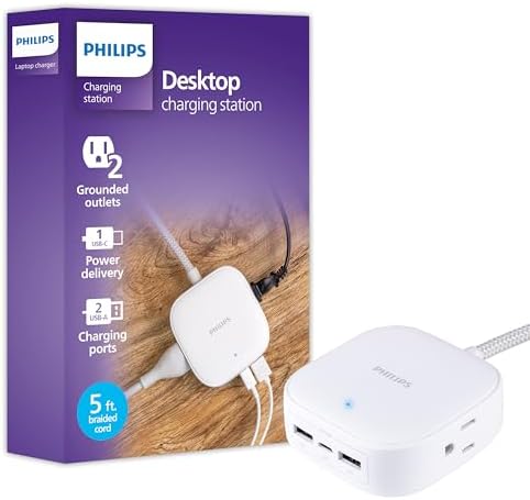 Philips 24 W USB Power Strip with 6 ft Braided Cable – Ultimate Charging Station for i Phone, i Pad, Samsung Galaxy & Google Pixel – 4 Port USB-A Design for Fast & Efficient Device Charging – Sleek & Durable Solution for Home, Office & Travel