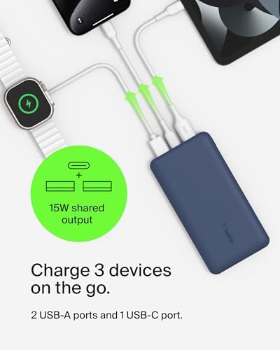 Belkin 10,000 m Ah Portable Charger – Fast Charging USB C Power Bank with Dual USB-A Ports for Multiple Devices, Includes Type-C to Type-A Cable, Compatible with i Phone 16, Samsung Galaxy S25, Nintendo Switch 2, i Pad & More – Lightweight Blue Design for Effortless Portability and Enhanced Power Delivery