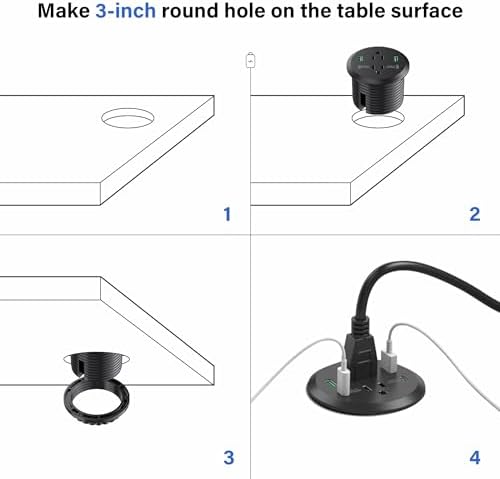 Revolutionize Your Workspace with the Elite Desktop Power Grommet: 40 W Fast Charging Hub Featuring 2 PD 20 W USB-C Ports, Dual AC Outlets, 4 USB Ports, and 6 ft Cord for Optimal Flexibility – Sleek Recessed Design for a Clutter-Free Desk Environment