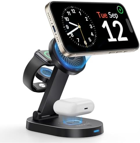 i Dsonix 3-in-1 Magnetic Wireless Charging Station for i Phone, Air Pods & Apple Watch – 18 W Fast Charger with Adjustable Stand and Status Light – Sleek White Design for i Phone 12-16 Series, Enhance Your Charging Experience with Ultimate Convenience and Style