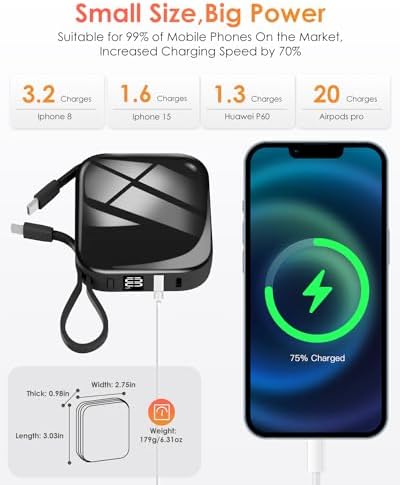 Ultra-Compact 10,000 m Ah Portable Power Bank – 22.5 W Fast Charging with Built-in i OS & USB-C Cables, Sleek LED Display, Lightweight Travel Charger for i Phone, Samsung & Android Devices – Stylish Purple Design for Modern Users