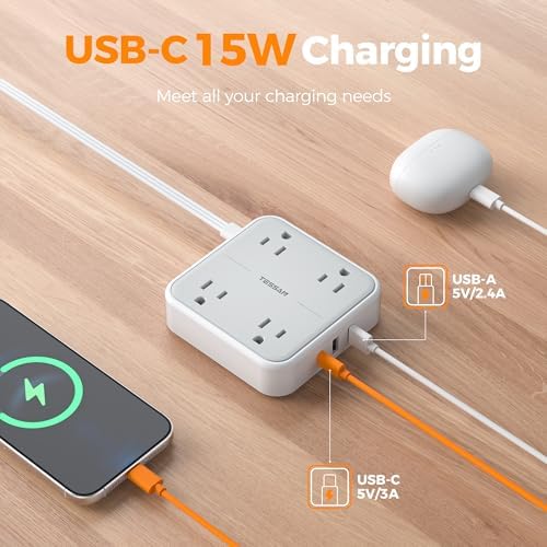 TESSAN Compact Flat Plug Surge Protector Power Strip with 4 AC Outlets and 3 Fast-Charging USB Ports – 5 ft Extension Cord for Office, Dorm, and Travel – 900 J Surge Protection for Enhanced Device Safety and Clutter-Free Organization