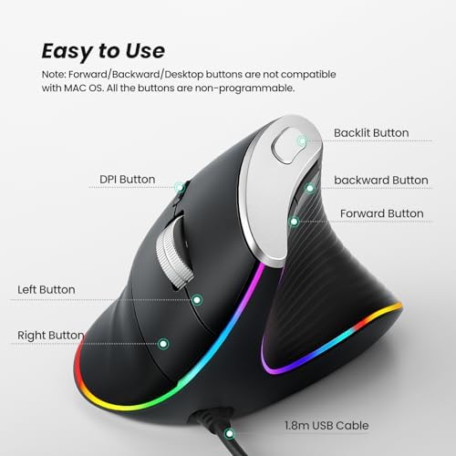 Nulea M504 Ergonomic Wired Vertical Mouse with 4 Adjustable DPI Settings and 11 RGB Lighting Modes – Ultimate Comfort and Precision for Laptop, PC, Desktop, and Mac Users