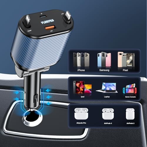 Experience Ultimate Power on the Road: PLDHPRO 80 W Retractable Car Charger – 4-in-1 Fast Charging Adapter with Dual Type-C Cables for i Phone 16, i Pad, and Samsung – Essential Vehicle Accessory for Efficient Charging and Easy Storage – Perfect Gift for Tech Enthusiasts and Travelers