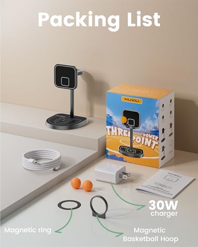 Innovative 3-Point Power 3-in-1 Charging Station for Apple Devices – Sleek Aluminum Alloy Magnetic Wireless Charger Stand with Mini Basketball & Hoop, Perfect for i Phone 16/15/14/13/12, 5 W Apple Watch & Air Pods Charging, Compact Black Design for Enhanced Speed and Style