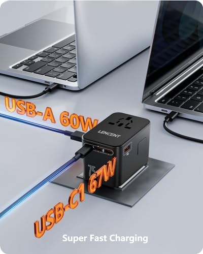 LENCENT 70 W Universal Travel Adapter – High-Efficiency Ga N Fast Charger with Triple PD3.0 Type-C Ports & Dual QC USB-A Outlets for Global Power Needs – Compact Power Converter Compatible with EU, USA, UK, AU Devices – Perfect for Laptops, Phones & Tablets on the Go