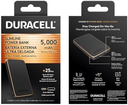 DURACELL Charge 5 V Portable Power Bank – 5000 m Ah Travel-Friendly Charger with Dual USB-C & USB-A Ports for Fast Charging | Compatible with i Phone, i Pad, Android & Samsung Devices | Lightweight & Durable Design for On-the-Go Power Solutions