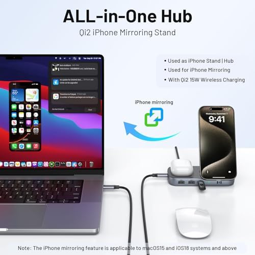Upgrade Your Mac Book Experience with the Selore USB C Hub: 4 K HDMI Dock, 100 W Rapid Power Delivery, Qi2 Wireless Charging, 10 Gbps High-Speed Data Transfer & i Phone Mirroring – The Essential Space-Saving Organizer for Maximum Productivity