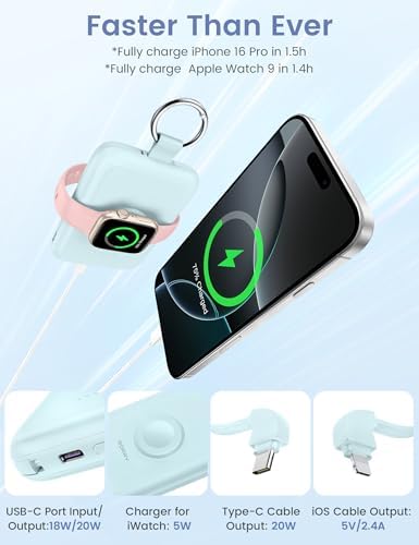 Experience Uninterrupted Power with RORRY 10000 m Ah Portable Charger: PD 20 W Fast Charge Power Bank with Integrated Cables for i Phone 16/15/14/13/12/11 & Apple Watch Ultra/10/9/8/7/6/5/4/3 – Sleek Pink Design for Travelers and Professionals – Hassle-Free Charging on the Go