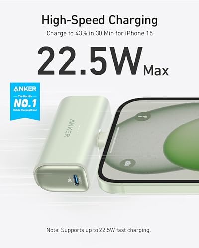 ANKER i Phone 16 Nano Power Bank – 5,000 m Ah Portable Charger with Built-in USB-C Connector for Fast Charging – Compatible with i Phone 16/15, Samsung S22/S23, i Pad Pro/Air, Air Pods & More – Ultra-Compact Design for On-the-Go Power Solutions