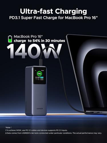 UGREEN Nexode 25000 m Ah 200 W Portable Power Bank – Fast Charging PD 3.1 Multi-Device Battery Pack with TFT Smart Display for Mac Book Pro/Air, i Phone 16, Samsung S24, Dell & HP – Unmatched Compatibility and Speed for On-the-Go Charging
