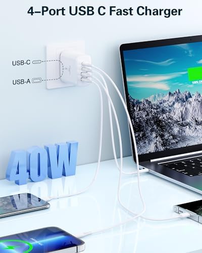 Dual-Pack 40 W USB C Charger Block – Fast Charging Power Adapter with 4 Ports for i Phone, Samsung, and i Pad – High-Speed Multi-Device Charging Solution with Enhanced Compatibility and Portability – Perfect for Home, Office, and Travel