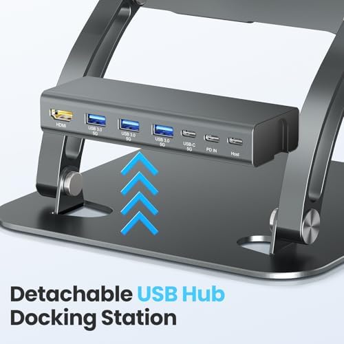 Transform Your Workspace with the Tounee Ergonomic Laptop Stand & USB-C Hub – Fast 100 W Charging, 4 K@60 Hz HDMI Output, 3 USB Ports for Effortless Device Connectivity – Ideal for 10-17″ Laptops & Mac Book in Stylish Gray Finish