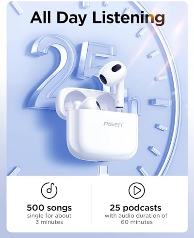 PISEN P1 Bluetooth 5.3 Wireless Earbuds – Featherweight Hi-Fi Stereo Headphones with IPX5 Waterproof Protection, Integrated Microphone for Seamless Hands-Free Communication, Ideal for Active Lifestyles and Daily Use – Sleek White Aesthetic for Superior Audio Performance
