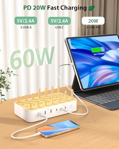 Eco-Friendly Bamboo USB-C Charging Hub – 60 W 6-Port Multi-Device Dock with 3 AC Outlets, 3 USB-C, 3 USB-A Ports, 6 Mixed Cables Included, 6.6 ft Power Cord for i Phones, i Pads & Tablets – Fast, Efficient Charging Solution with Elegant Design