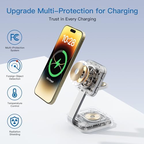 2025 Portable Wireless Mag Safe Fast Charging Hub – 3-in-1 Magnetic Charger for i Phone 16, 15, 14, 13, 12 Pro Max Plus, Apple Watch, and Air Pods – Compact Travel Essential with LED Indicator – Ultimate Gift for Tech-Savvy Couples (Black) – Superior Compatibility and Rapid Charging Performance