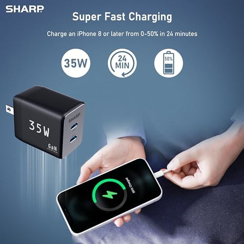 Optimize Your Charging Routine with the Sharp 35 W Dual USB-C Charger – Compact Ga N Fast Charging Adapter for i Phone 15, i Pad Pro, and More – Foldable, Portable Design for Effortless Charging Anywhere – Versatile Compatibility for All Your Essential Devices