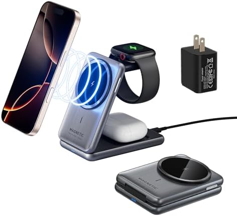 Ultimate 3-in-1 Magnetic Wireless Charging Station for i Phone 16/15/14/13/12, Apple Watch Series 2-10, and Air Pods Pro/2/3/4 – Compact Foldable Design for Travel with Advanced Fast Charging Technology, Intelligent Safety Features, and Stylish Aluminum Build Experience the future of charging with our cutting-edge 2025 Magnetic Wireless Charging Station. This all-in-one solution is engineered to accommodate your i Phone 16/15/14/13/12 series, Apple Watch 2-10 Series, and Air Pods Pro/2/3/4 effortlessly. Say goodbye to tangled cables with a sleek design that offers simultaneous charging for three devices through a single USB-C cable. Equipped with powerful N52 magnets for precise alignment, this charger ensures a hassle-free experience while providing high-speed charging capabilities. Its unique folding mechanism allows for portability, making it the perfect travel companion to fit in your pocket or backpack. With advanced safety features such as overcurrent, overvoltage, and overheating protections, this charger prioritizes your devices’ safety and longevity. The elegant aluminum and polycarbonate construction not only enhances durability but also adds a touch of sophistication to any workspace or home environment. Enjoy the convenience of a non-slip base for stability, plus 24-hour customer support for peace of mind. Elevate your charging experience today!