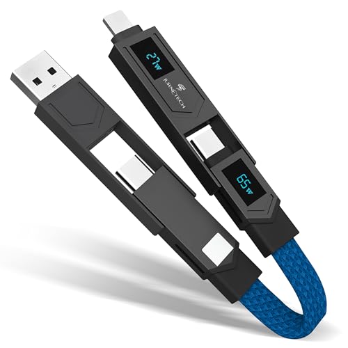 Magnetic 4 in 1 Multi Charging Cable with LED Display, Portable Keychain Charger, Fast as lightning charging/Type C/USB A/USB C Ports for iPhone iPad Mac, AirPods Samsung Google, (65W) (Red) – Enhanced Compatibility and Speed