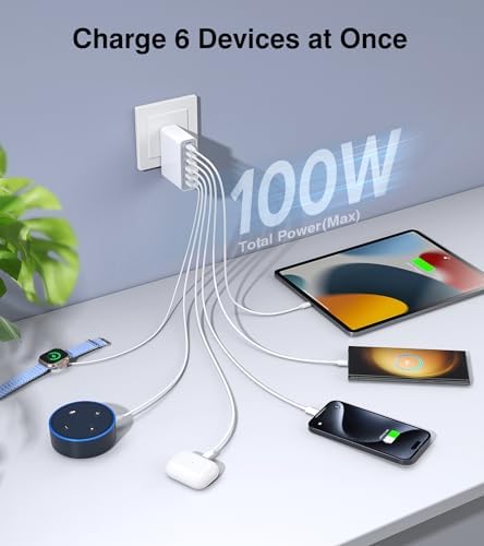 Ultra-Fast 100 W Ga N USB-C Charging Station with 6 Ports – Compact Wall Adapter for i Phone 16/15/14/13 Pro Max, i Pad, Samsung, Pixel, LG – High-Speed Multi-Device Charger with Smart Safety Features – Travel-Friendly Power Hub for Effortless Charging