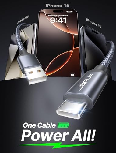 JSAUX 10 ft USB C Cable 2-Pack – High-Speed Charging & Data Transfer for i Phone 16 Series, Samsung Galaxy S20/S10/S9 & Note 20 – Durable Nylon Braided Design for Ultimate Reliability – Perfect for Home, Office & On-the-Go Use – Enhanced Compatibility with USB 3.1 Technology – Sleek Black Finish for Professional Aesthetics