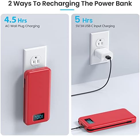 Ultra-Slim 13800 m Ah Portable Charger with Built-in Cables & AC Plug – Multi-Device USB-C Power Bank with 4 Outputs & LCD Display for i Phone, Samsung, and Android – Effortless Charging on the Go